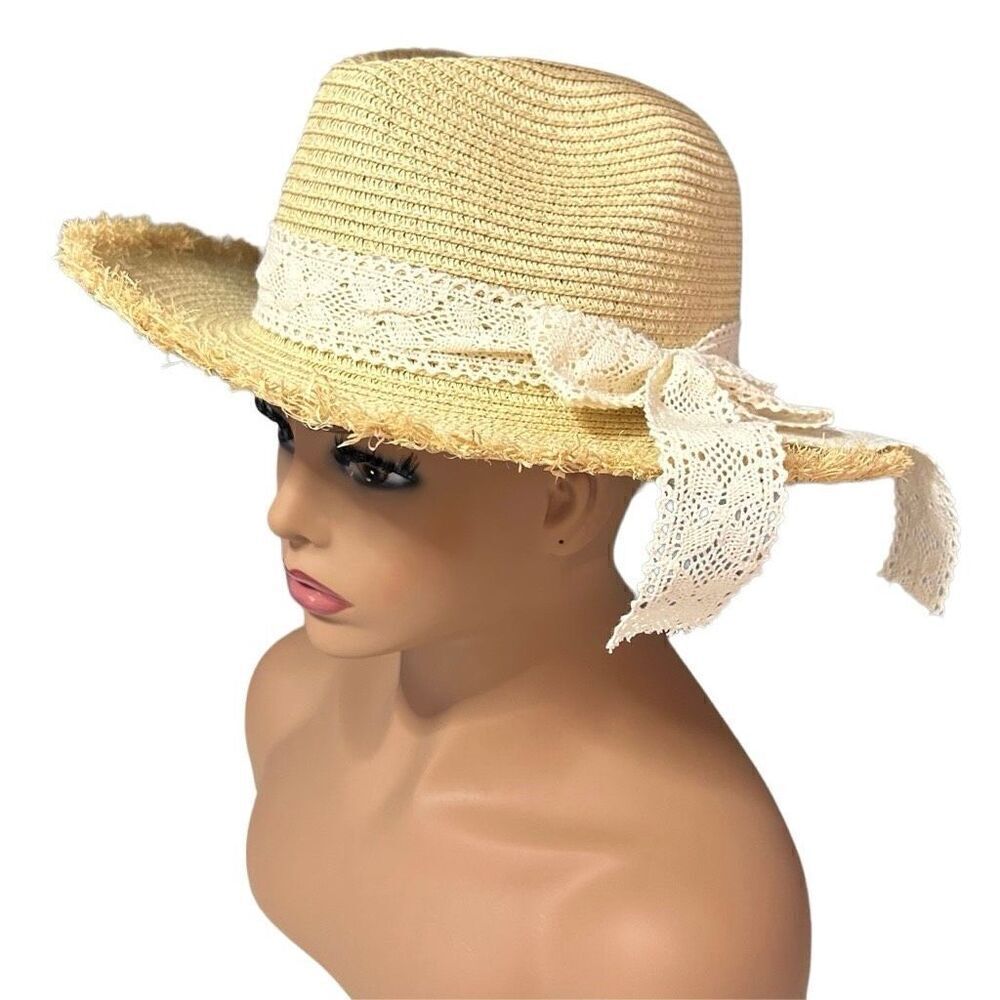 NWT Styline Straw Hat Women's Tan Frayed Edges Woven Wide Brim Crochet Lace Bow
